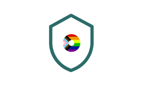 Icon of shield with inclusive Pride colours in the centre