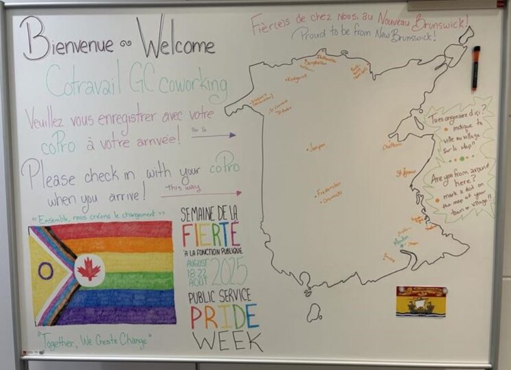 Team brainstorming on a whiteboard with Pride decorations